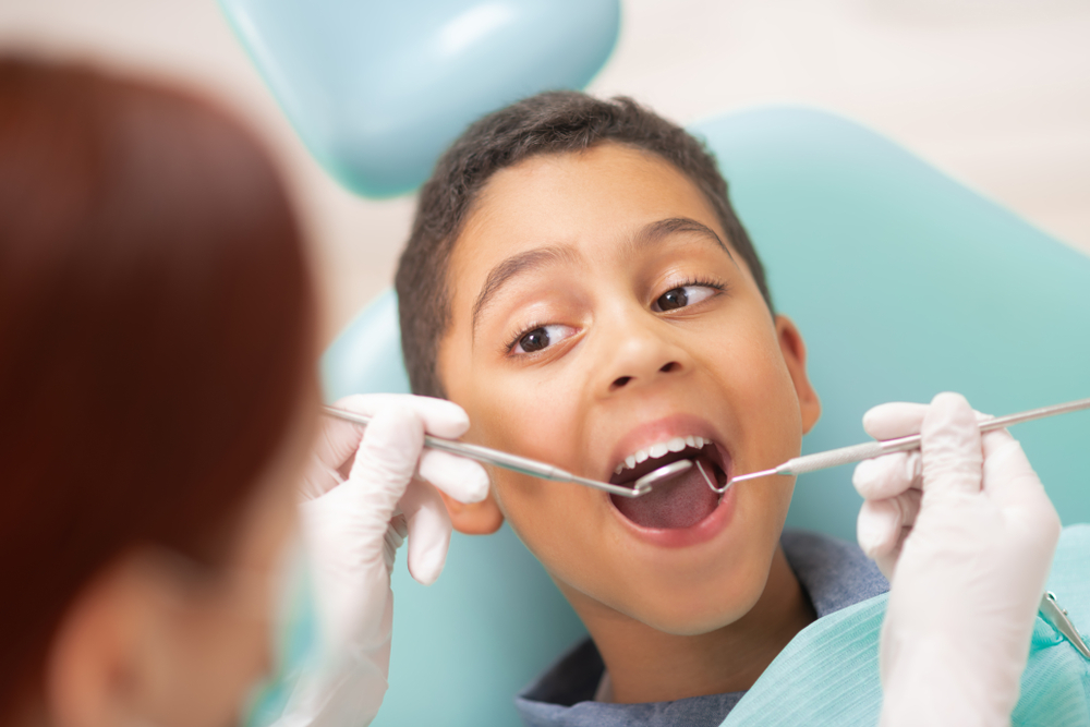 Boy getting teeth cleaned